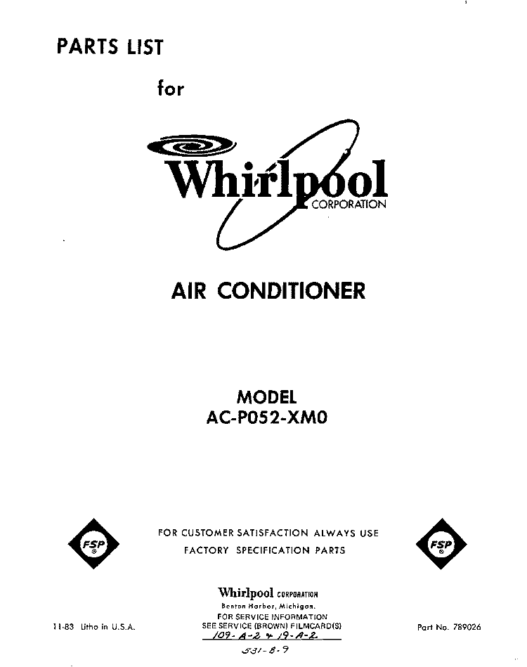 COVER Diagram and Parts List for ACP052XM0  Whirlpool Air Conditioner