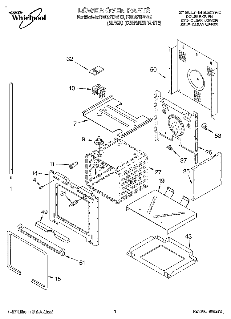 LOWER OVEN Diagram and Parts List for RBD275PDB3  Whirlpool Wall Oven
