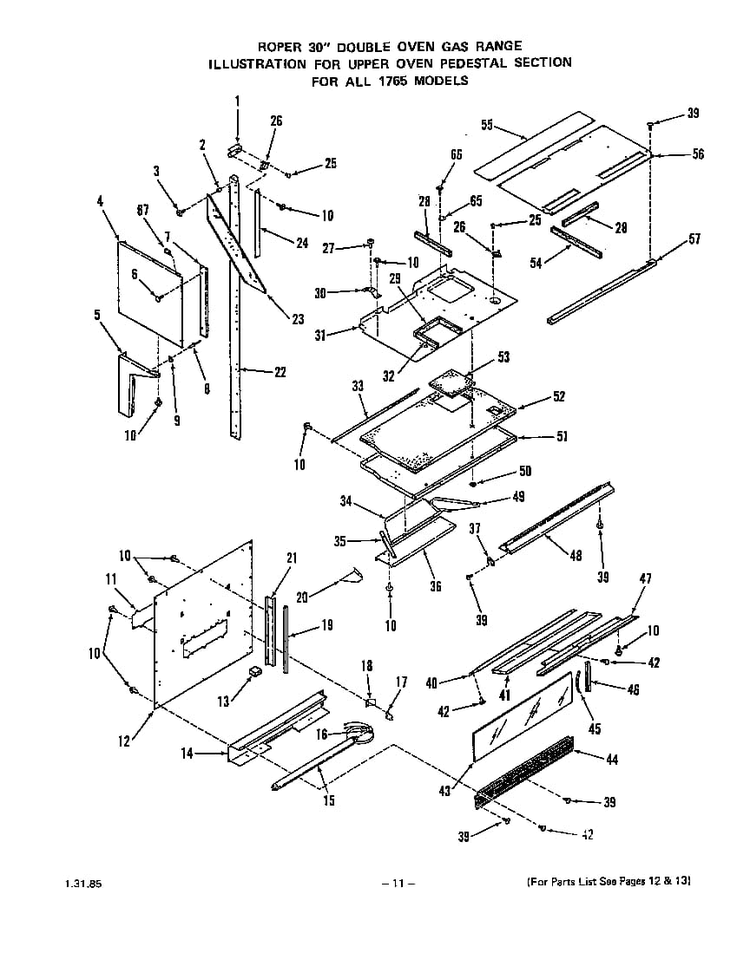 Upper Oven Pedestal Diagram and Parts List for 1765*0A  Roper Range