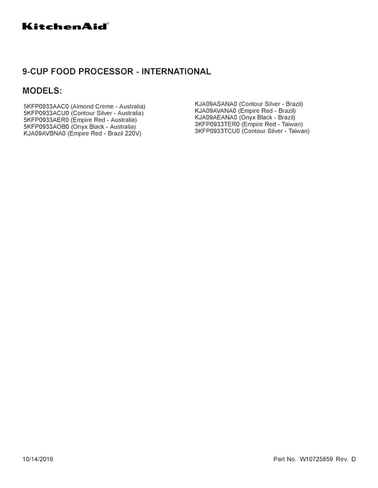 Cover Sheet Diagram and Parts List for 5KFP0933AOB0  KitchenAid Food Processor