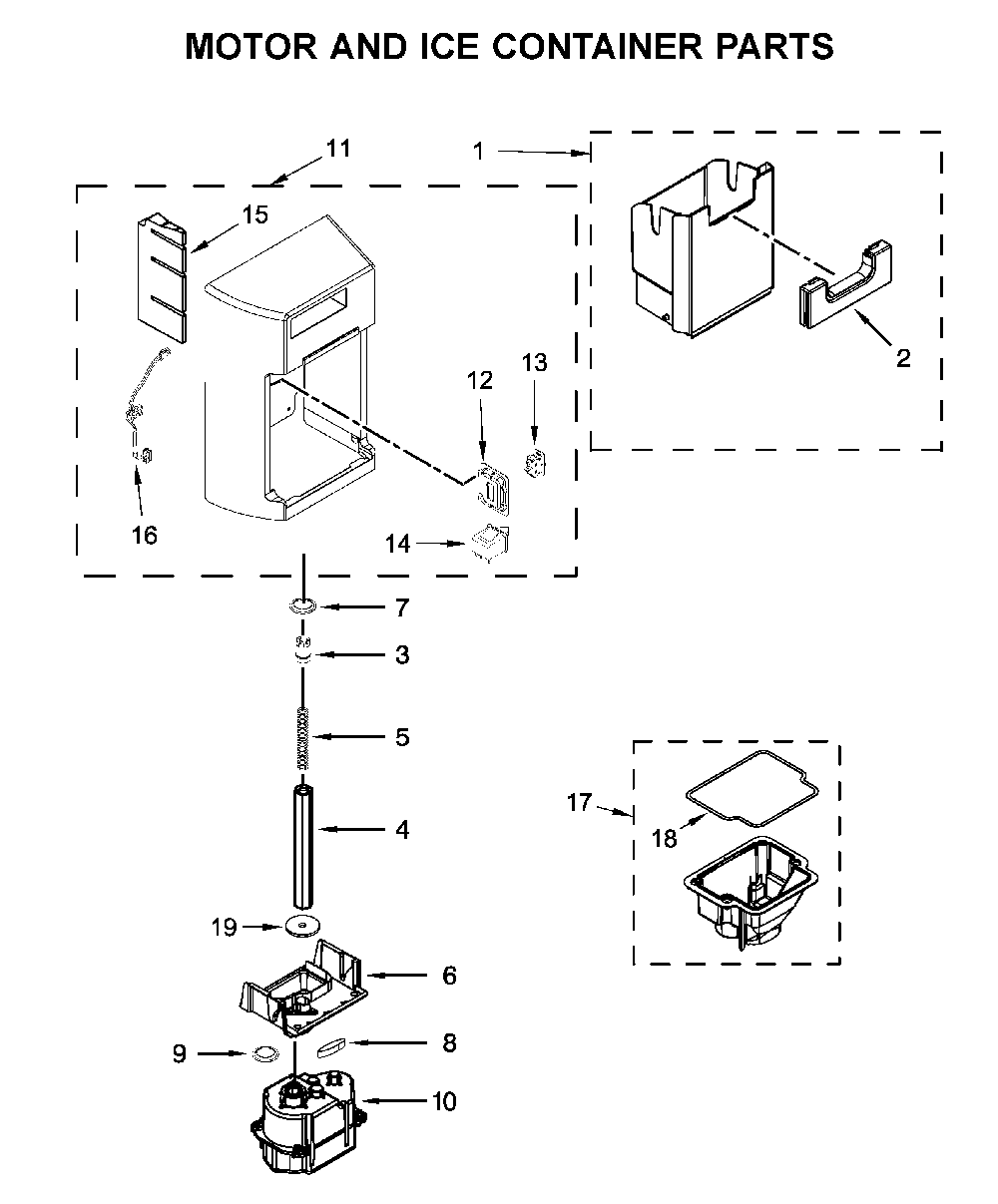 Motor and ice container parts Diagram and Parts List for 10651782413  Kenmore Refrigerator