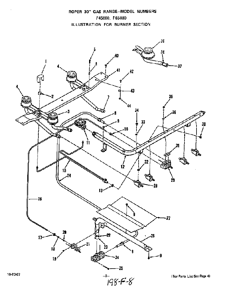 Burner Diagram and Parts List for F6508*0  Roper Range
