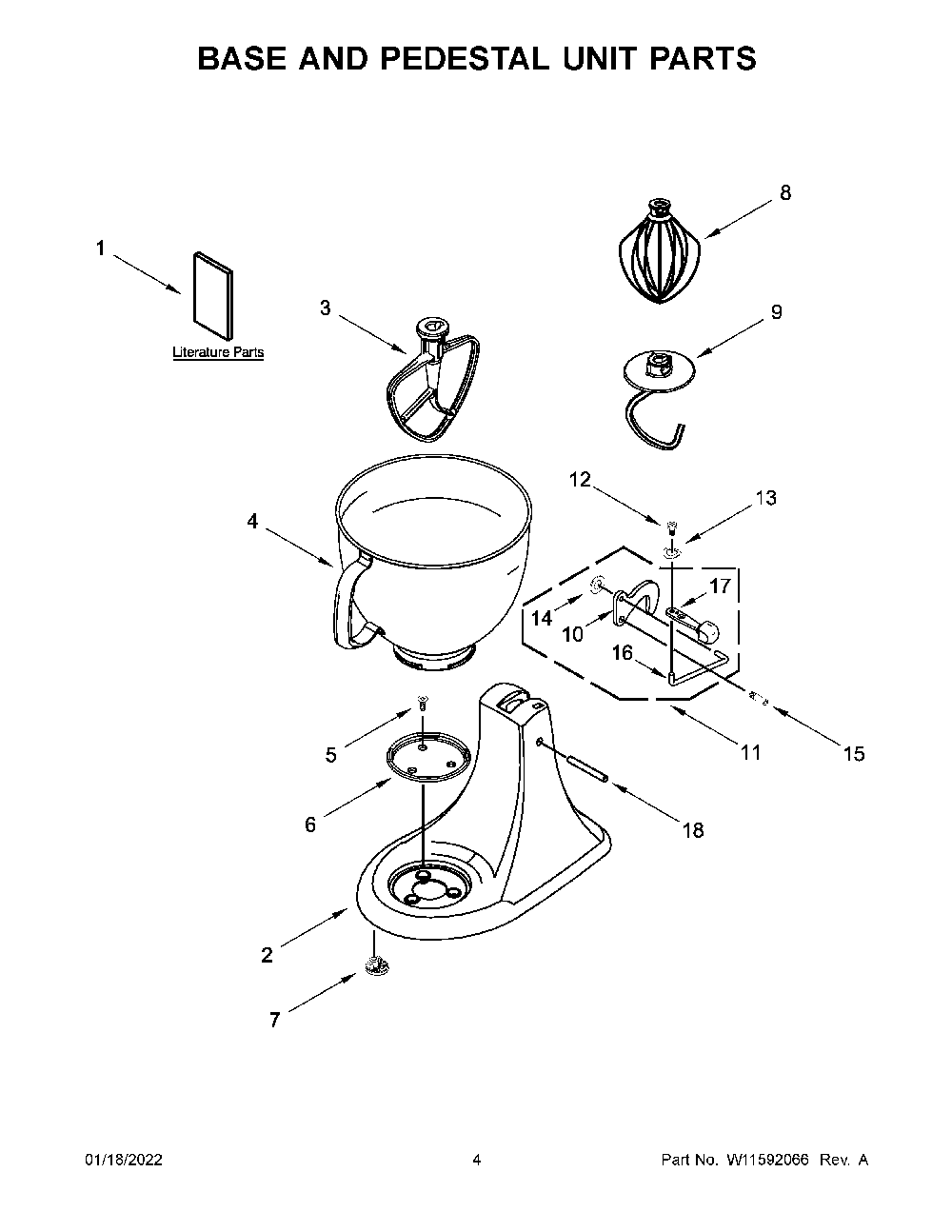 Base And Pedestal Unit Parts Diagram and Parts List for 5KSM130WER0  KitchenAid Mixer