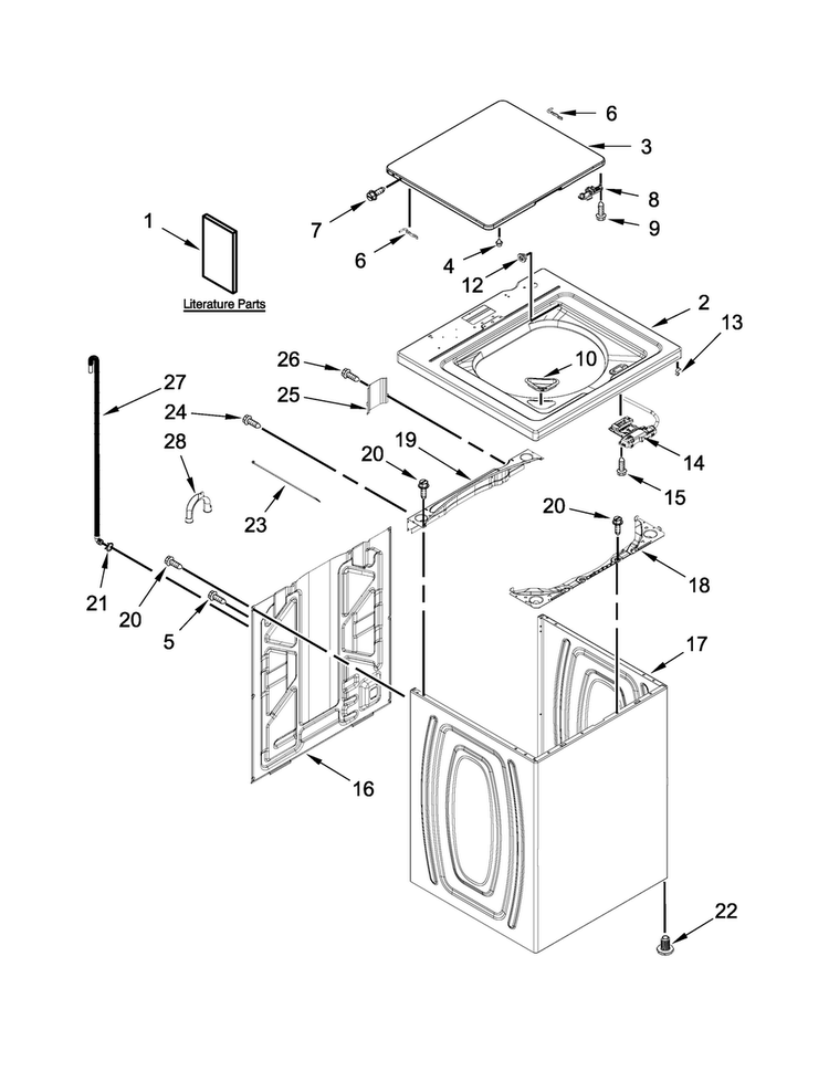 Top And Cabinet Parts Diagram and Parts List for 2DWTW4845EW0  Whirlpool Washer