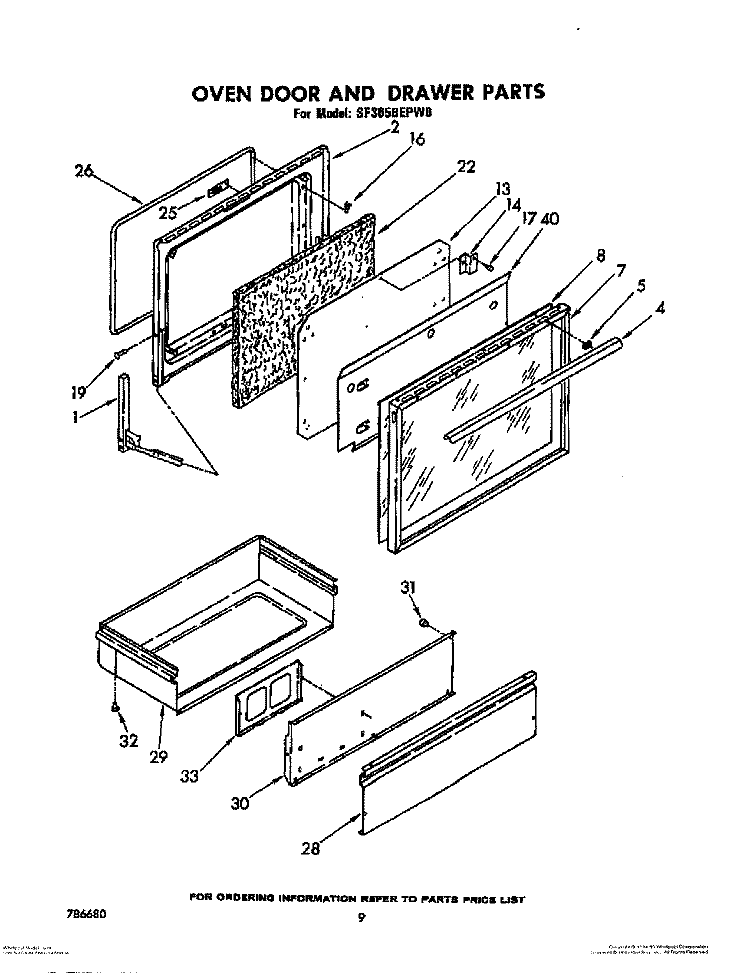 OVEN DOOR AND DRAWER Diagram and Parts List for SF365BEPW0  Whirlpool Range