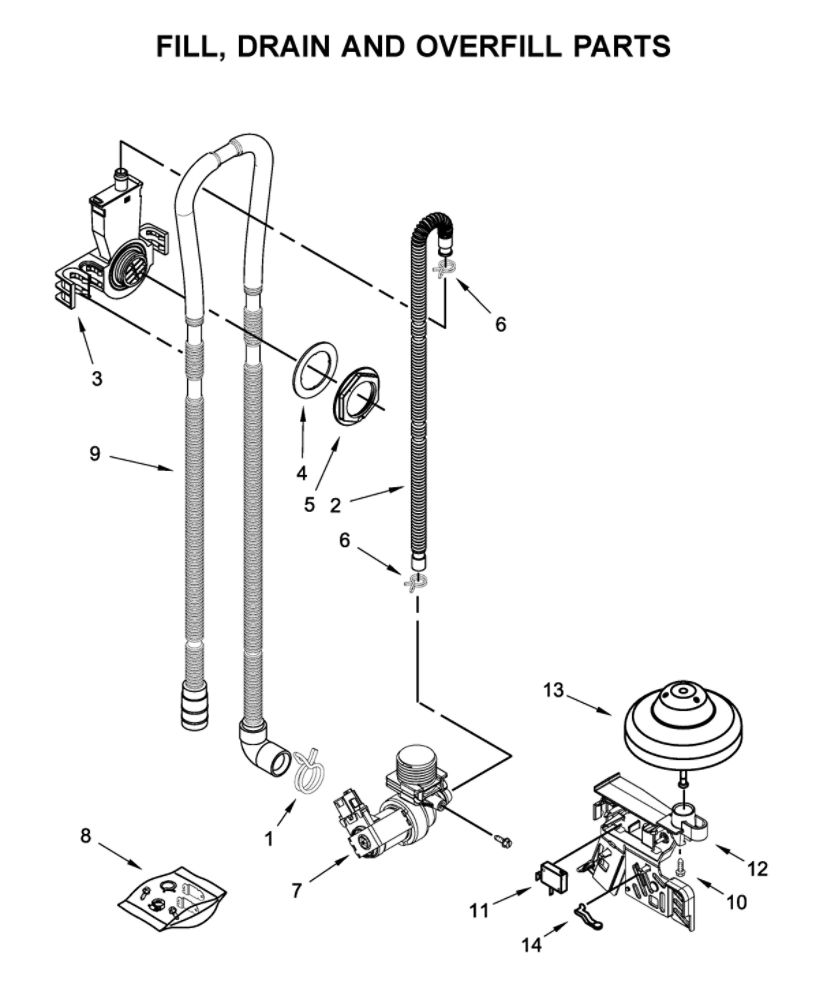 Fill, Drain And Overfill Parts Diagram and Parts List for WDF331PAHS1  Whirlpool Dishwasher