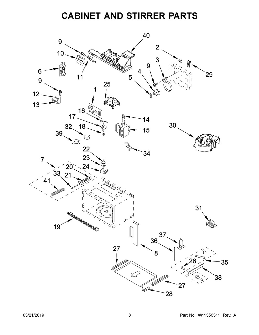 Cabinet And Stirrer Parts Diagram and Parts List for KMBP100EBS02  Whirlpool Microwave