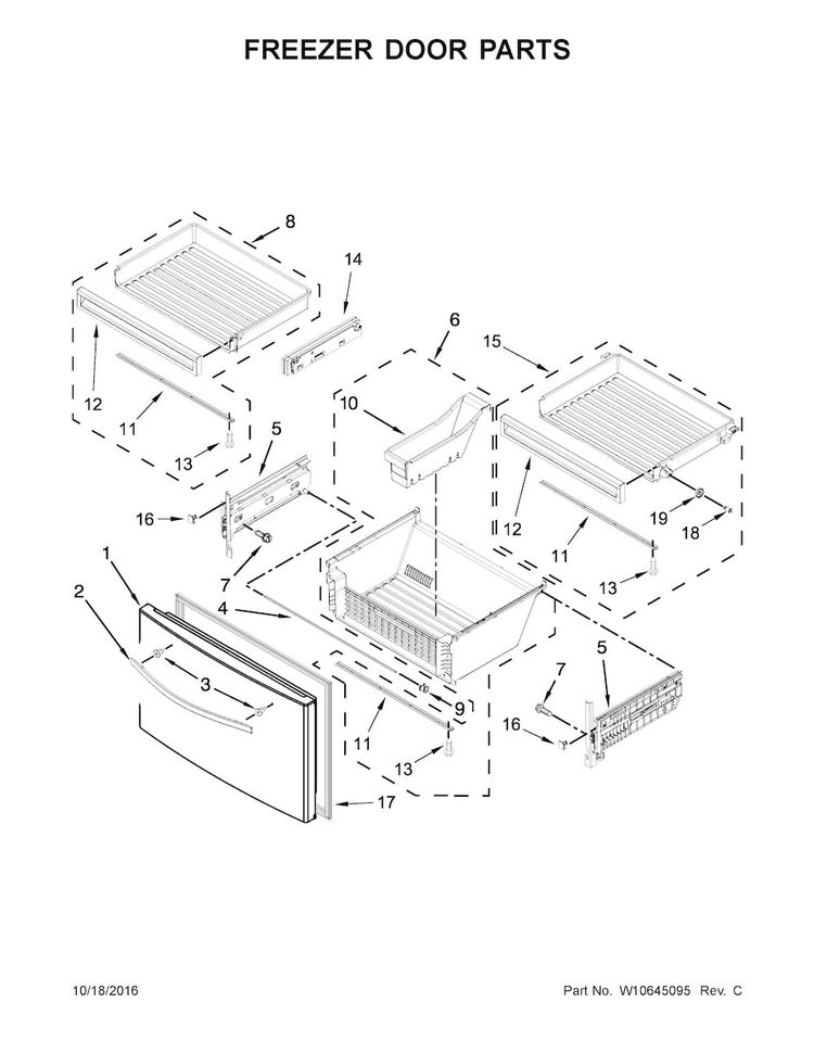 Freezer Door Parts Diagram and Parts List for WRX988SIBW01  Whirlpool Refrigerator