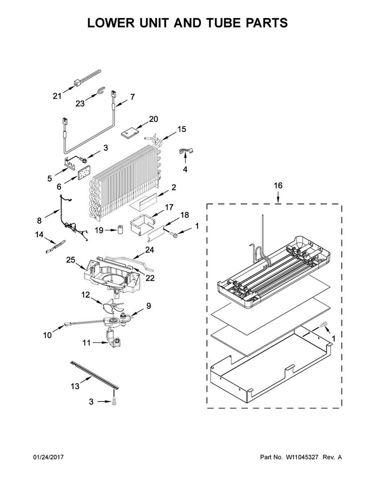 Lower Unit And Tube Parts Diagram and Parts List for KBFN502ESS02  KitchenAid Refrigerator