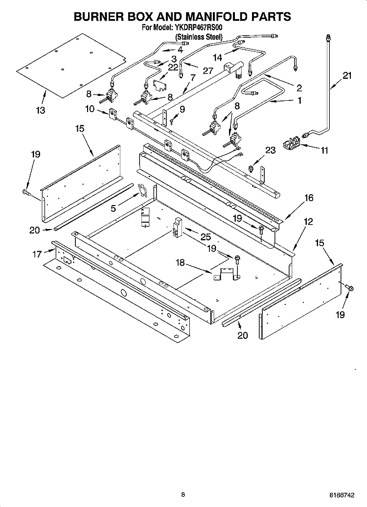 BURNER BOX AND MANIFOLD PARTS Diagram and Parts List for YKDRP467RS00  KitchenAid Range
