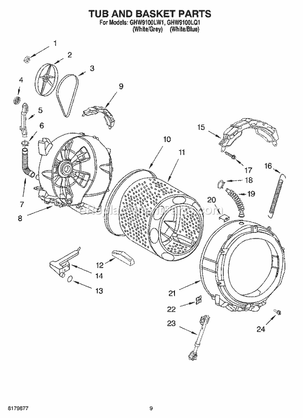 TUB AND BASKET Diagram and Parts List for GHW9100LW1  Whirlpool Washer