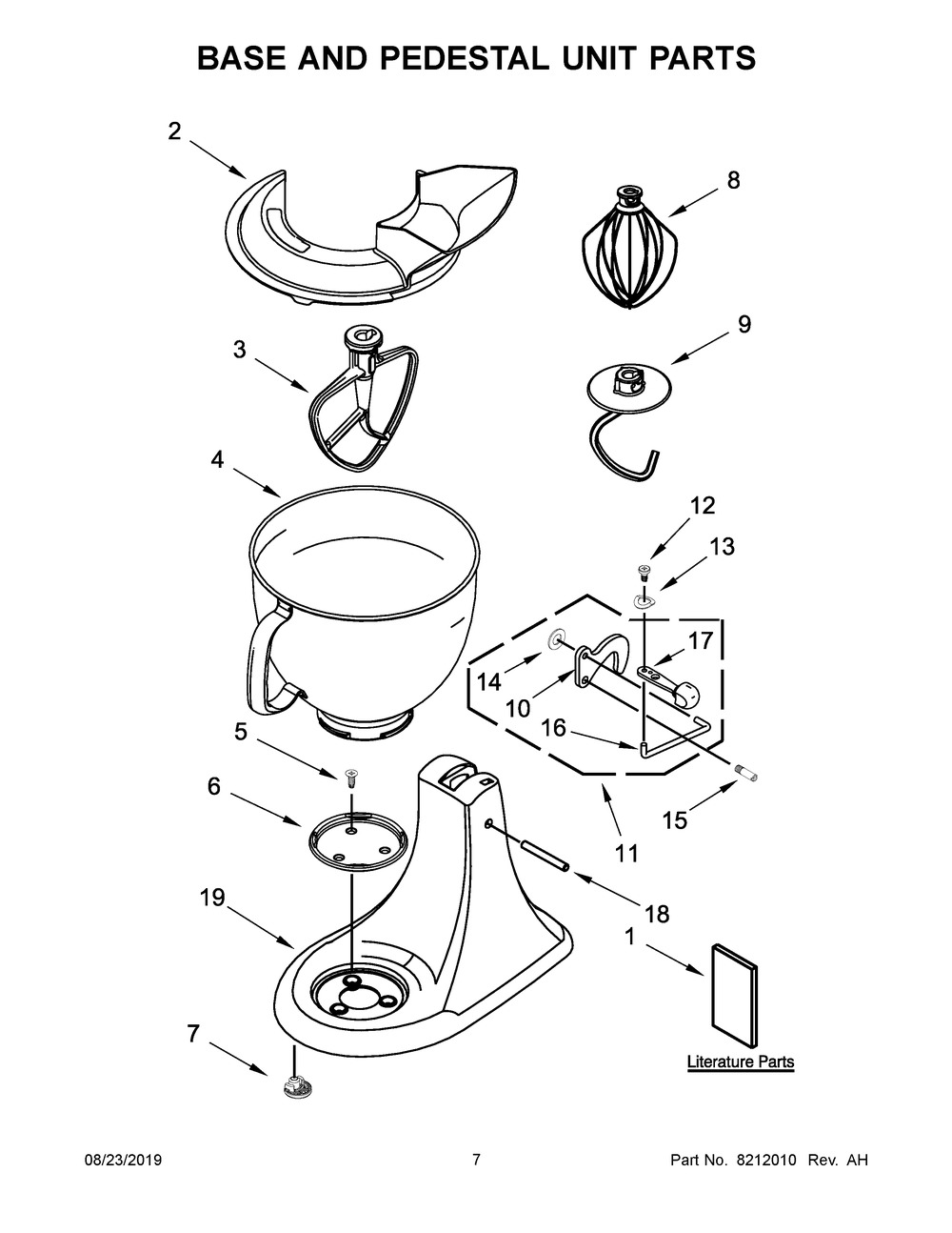 Base And Pedestal Unit Parts Diagram and Parts List for KSM150PSBS0  Whirlpool Mixer