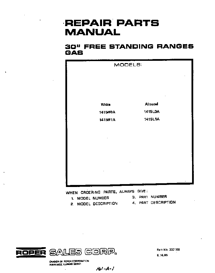 Front Cover Diagram and Parts List for 1415*0A  Roper Range