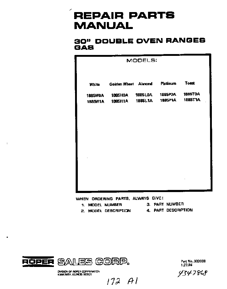 Front Cover Diagram and Parts List for 1885*0A  Roper Range