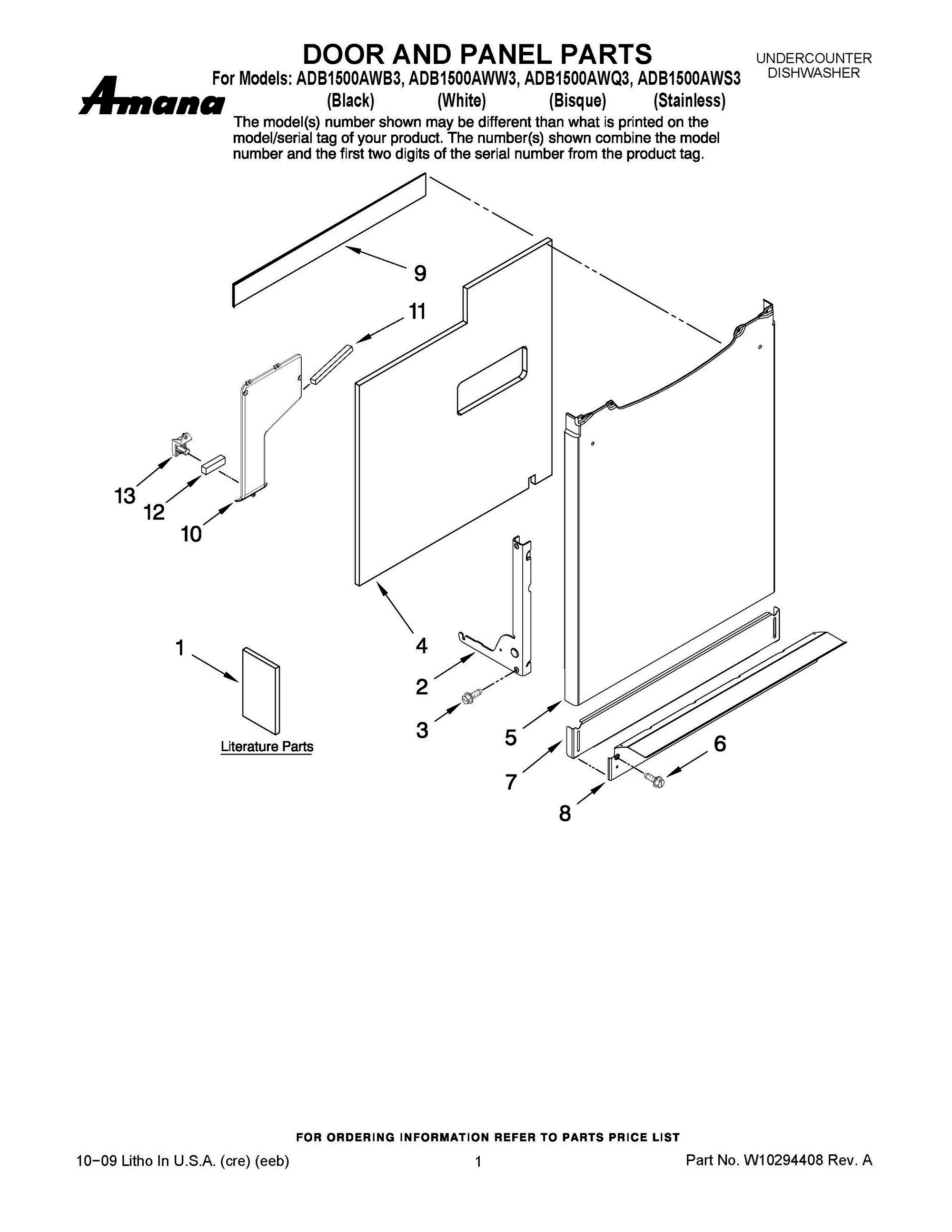 01 - DOOR AND PANEL PARTS Diagram and Parts List for ADB1500AWQ3  Whirlpool Dishwasher