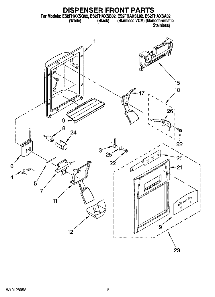 DISPENSER FRONT PARTS Diagram and Parts List for ES2FHAXSA02  Whirlpool Refrigerator