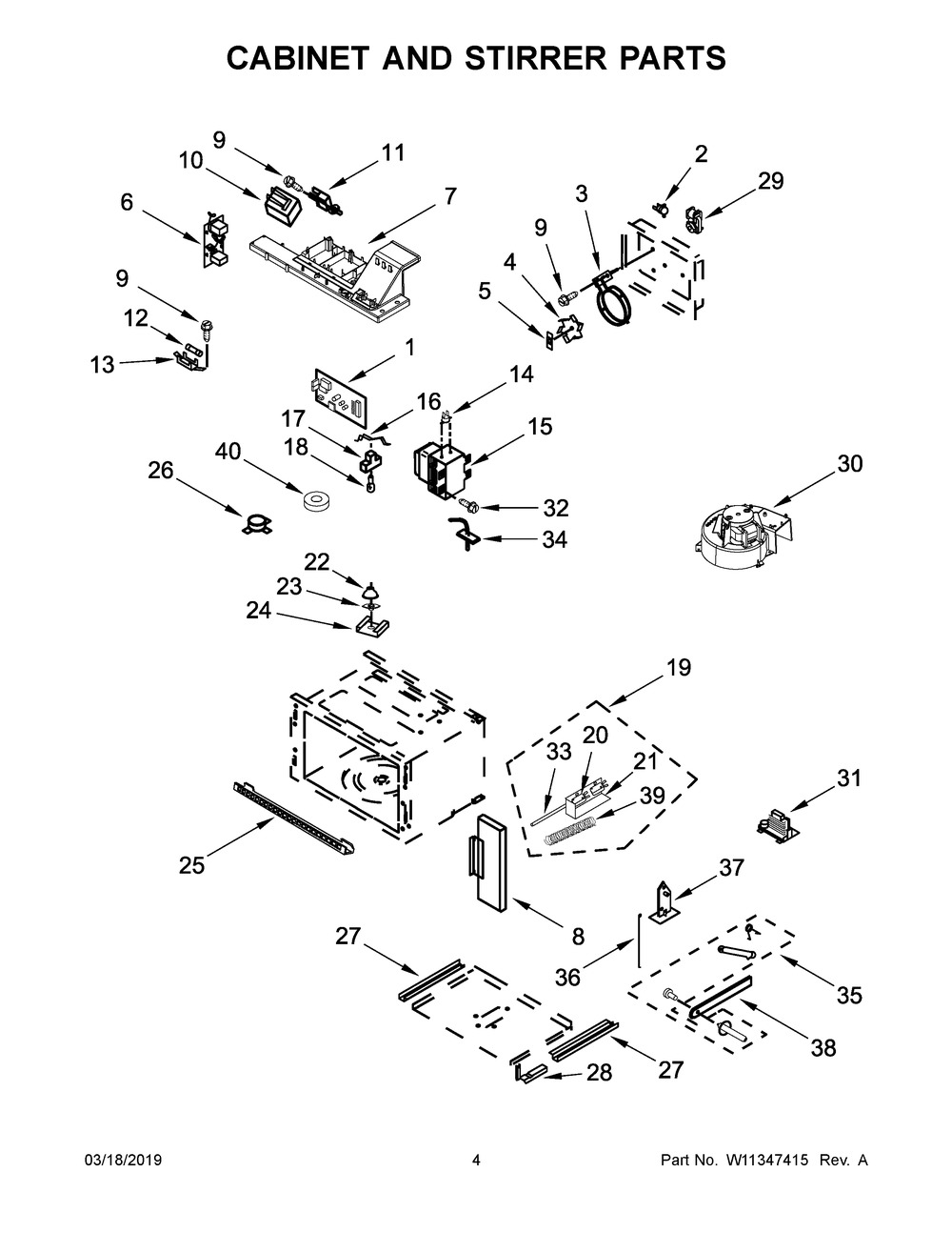 Cabinet And Stirrer Parts Diagram and Parts List for KOCE507EBL08  Whirlpool Microwave Oven Combo