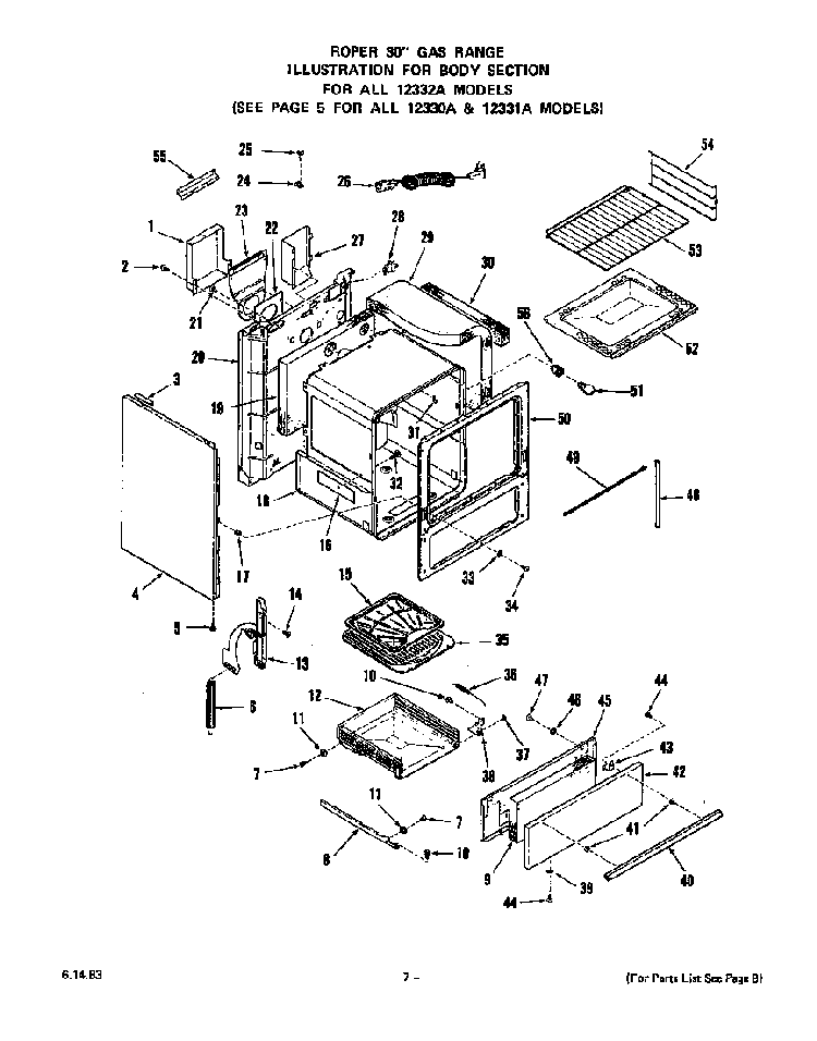 Body Diagram and Parts List for 1233*2A  Roper Range