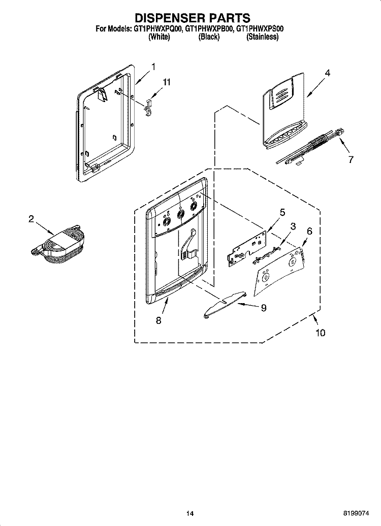 DISPENSER PARTS, OPTIONAL PARTS Diagram and Parts List for GT1PHWXPS00  Whirlpool Refrigerator