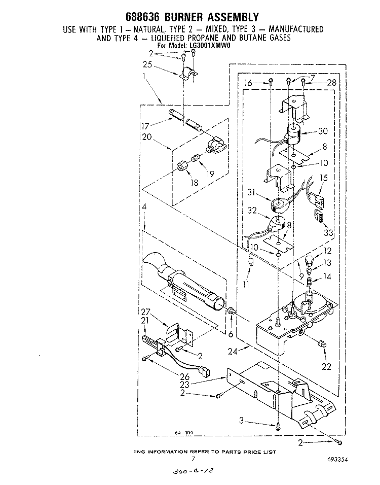 688636 BURNER Diagram and Parts List for LG3001XMW0  Whirlpool Dryer