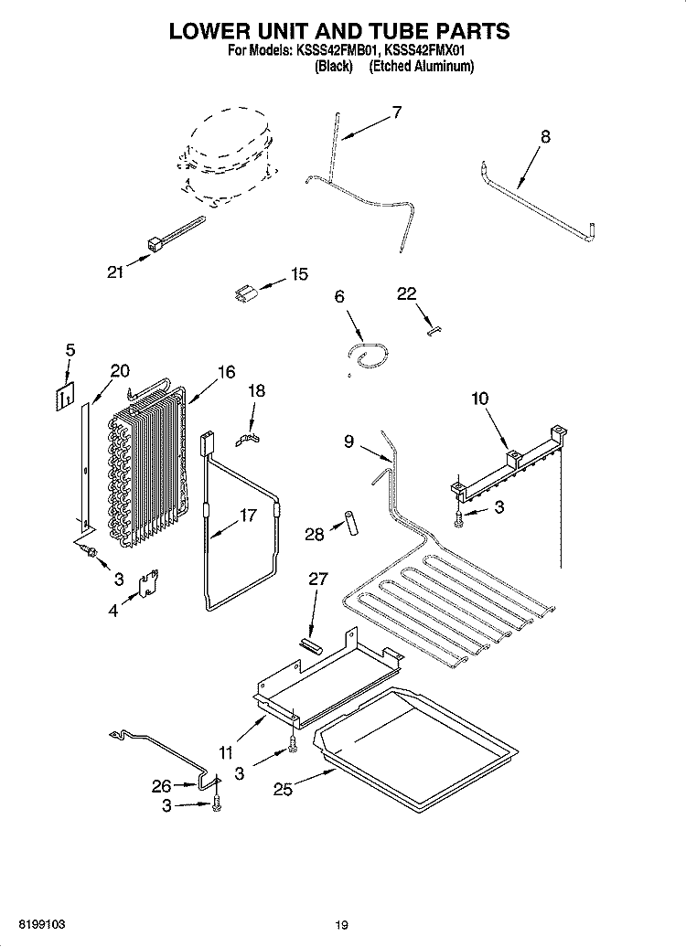 LOWER UNIT AND TUBE PARTS Diagram and Parts List for KSSS42FMX01  KitchenAid Refrigerator