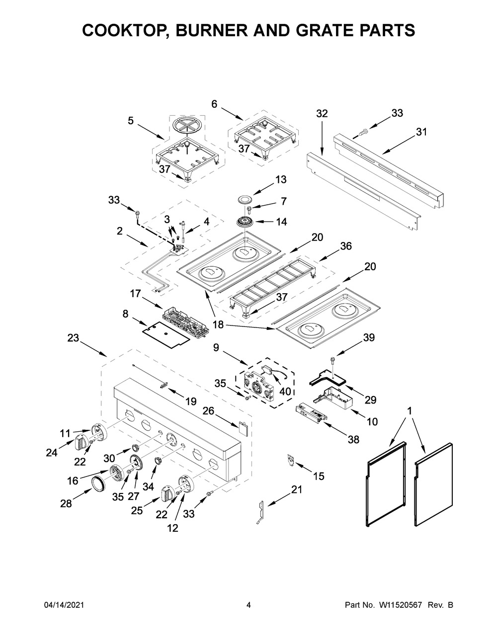 Cooktop, Burner And Grate Parts Diagram and Parts List for KFGC500JPA01  Whirlpool Range
