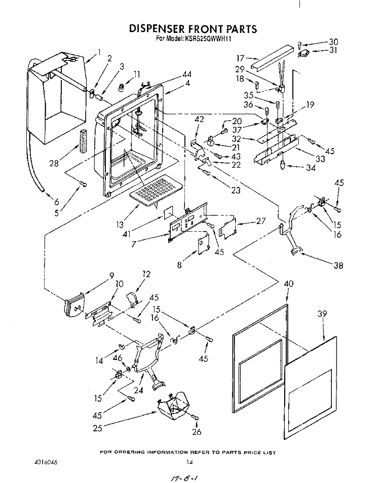DISPENSER FRONT Diagram and Parts List for KSRS25QWWH11  KitchenAid Refrigerator
