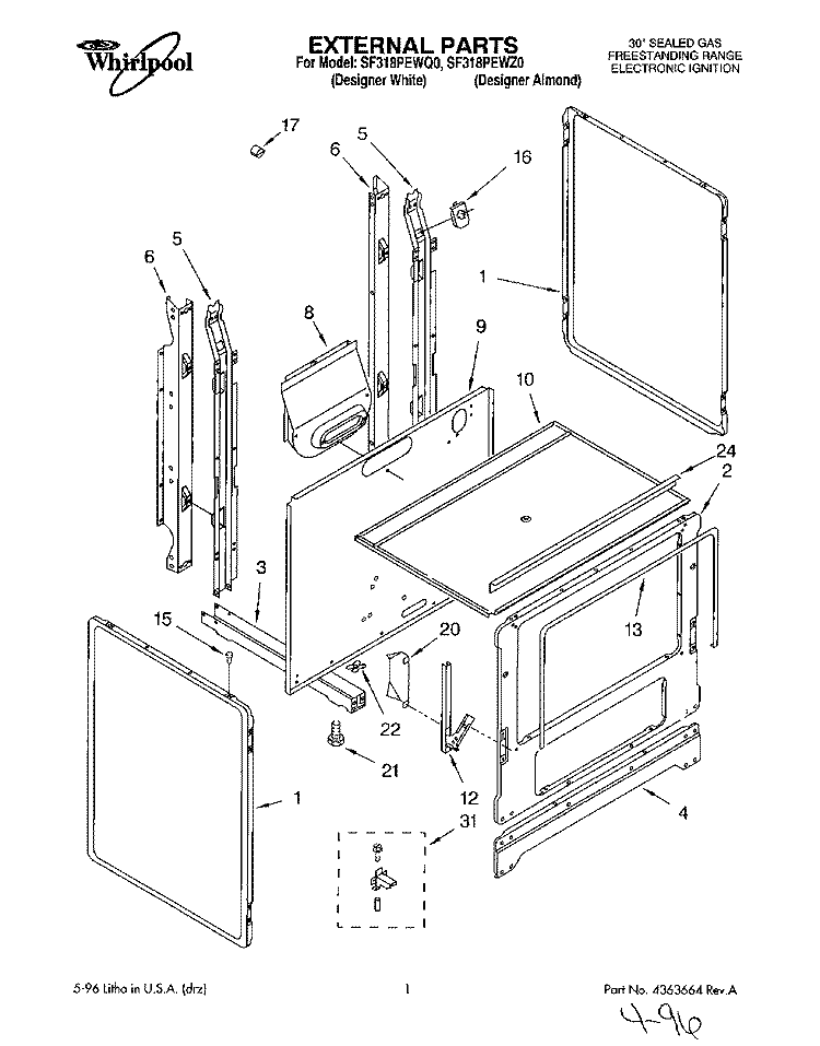EXTERNAL Diagram and Parts List for SF318PEWZ0  Whirlpool Range