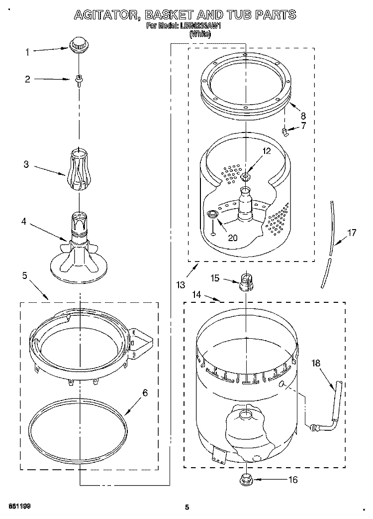 AGITATOR, BASKET AND TUB Diagram and Parts List for LBR6233AW1  Whirlpool Washer