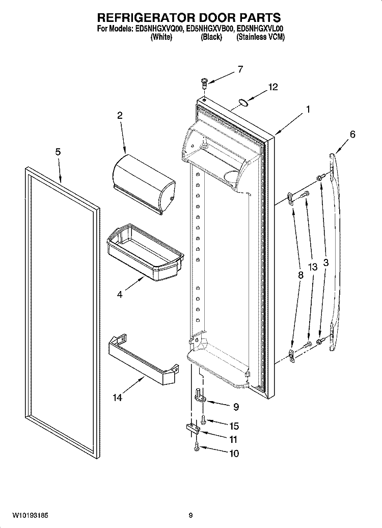 REFRIGERATOR DOOR PARTS Diagram and Parts List for ED5NHGXVQ00  Whirlpool Refrigerator
