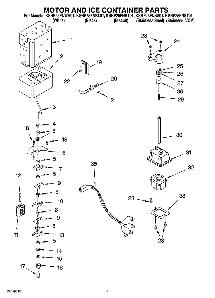 MOTOR AND ICE CONTAINER PARTS Diagram and Parts List for KSRP25FNBL01  KitchenAid Refrigerator