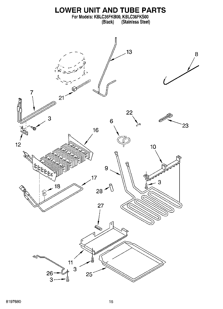 LOWER UNIT AND TUBE Diagram and Parts List for KBLC36FKS00  KitchenAid Refrigerator