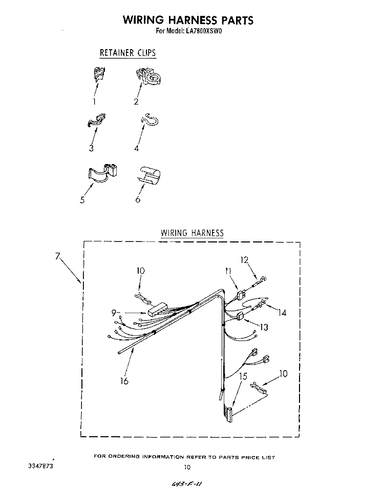 WIRING HARNESS Diagram and Parts List for LA7800XSW0  Whirlpool Washer