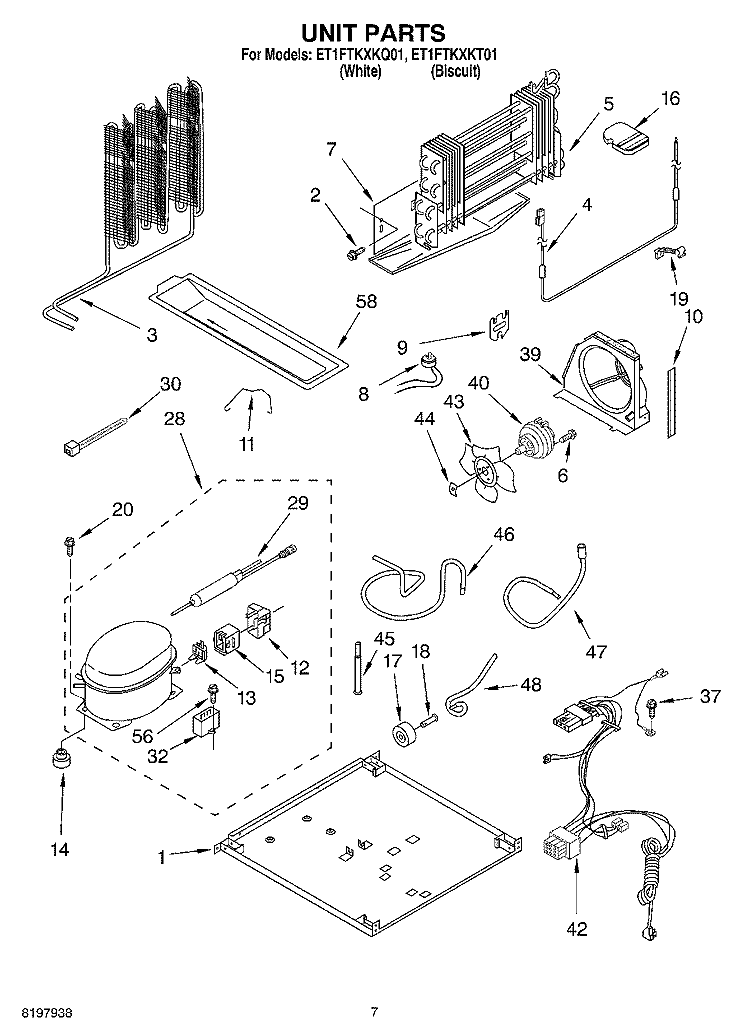 UNIT Diagram and Parts List for ET1FTKXKQ01  Whirlpool Refrigerator
