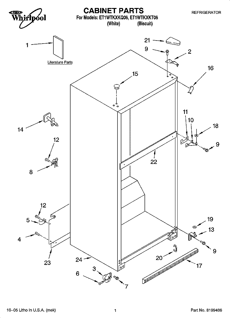 CABINET PARTS Diagram and Parts List for ET1WTKXKQ06  Whirlpool Refrigerator