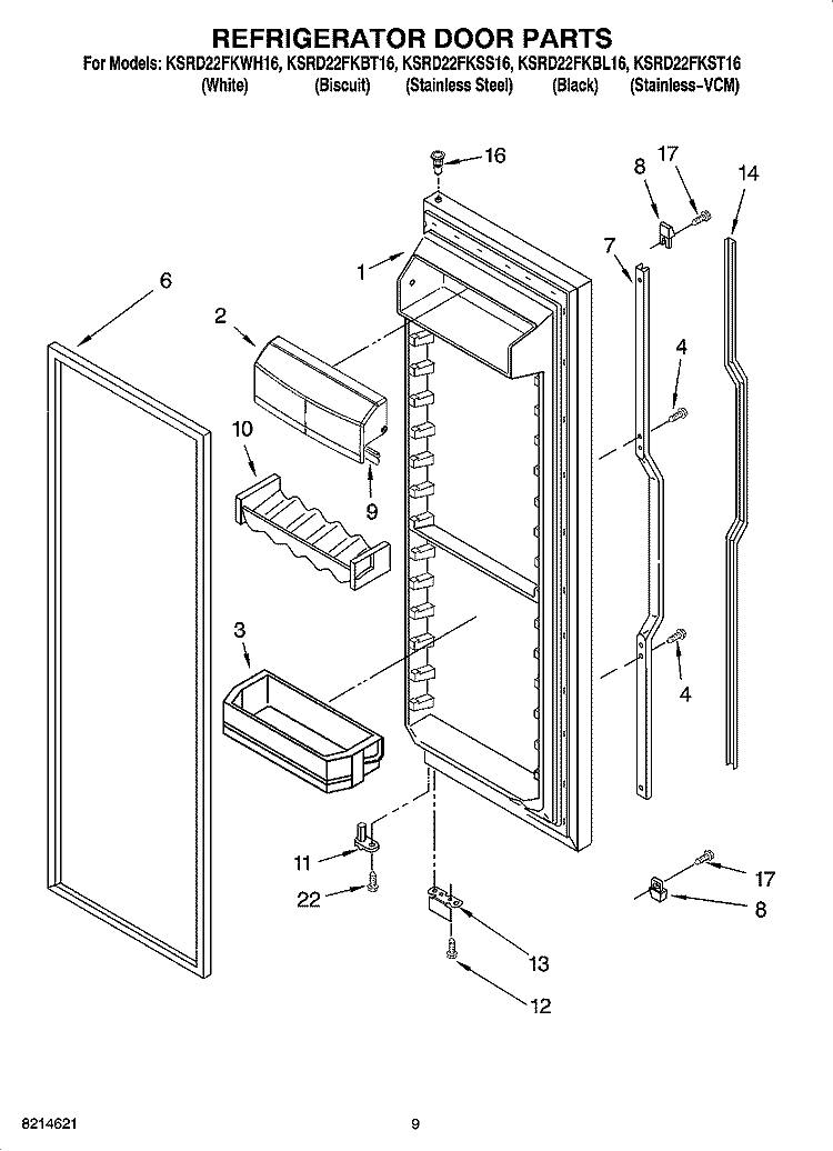 REFRIGERATOR DOOR PARTS Diagram and Parts List for KSRD22FKBL16  KitchenAid Refrigerator
