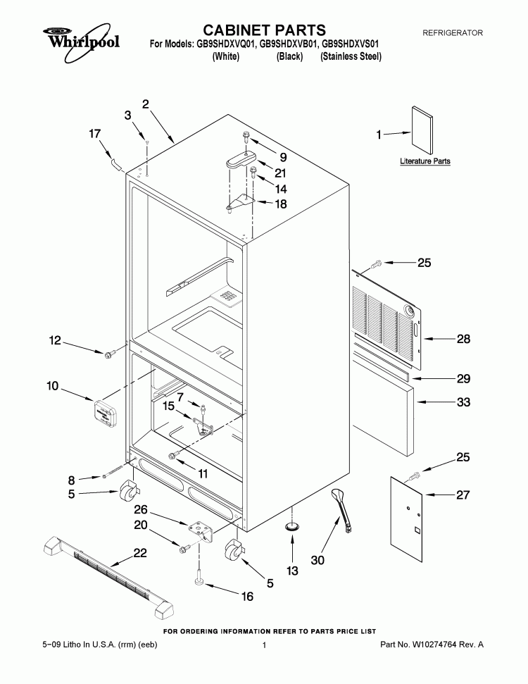 CABINET PARTS Diagram and Parts List for GB9SHDXVS01  Whirlpool Refrigerator
