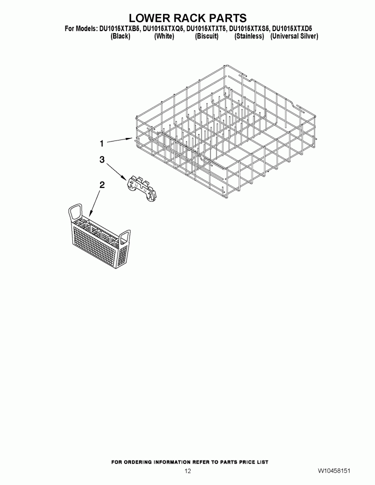 LOWER RACK PARTS Diagram and Parts List for DU1015XTXB5  Whirlpool Dishwasher