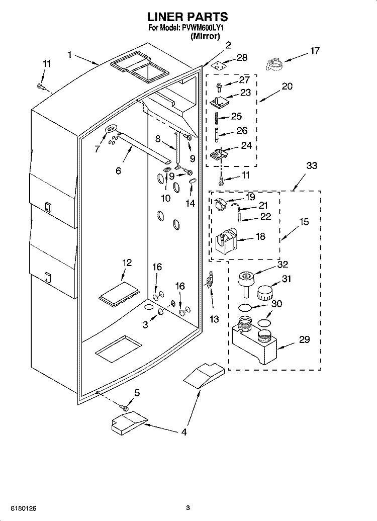 LINER PARTS Diagram and Parts List for PVWM600LY1  Whirlpool Cabinet
