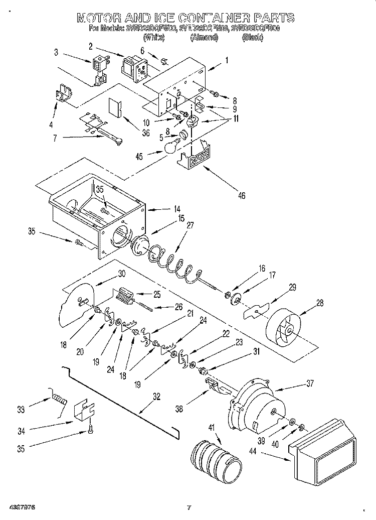 MOTOR AND ICE CONTAINER Diagram and Parts List for 3VED29DQFN00  Whirlpool Refrigerator