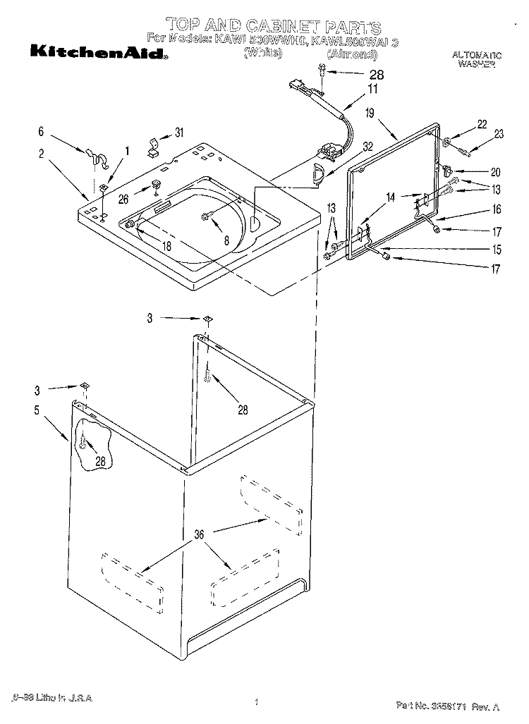 TOP AND CABINET, LIT/OPTIONAL Diagram and Parts List for KAWL500WWH0  KitchenAid Washer
