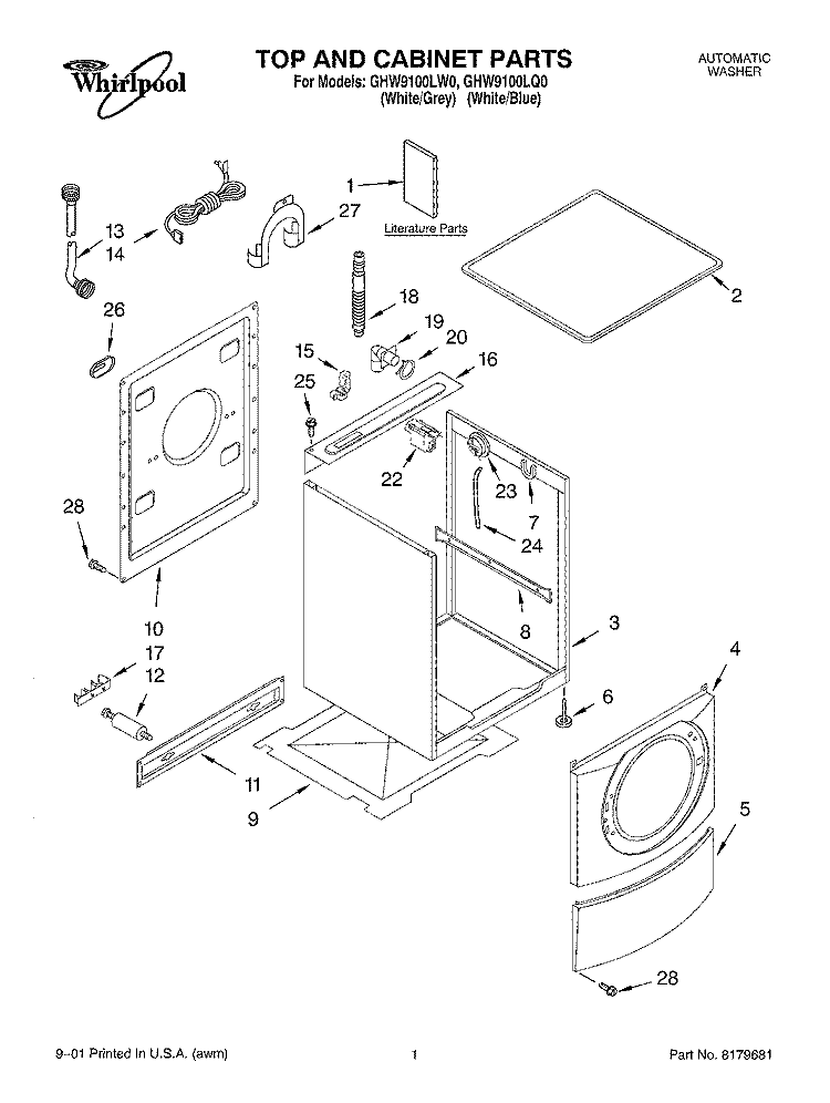 TOP AND CABINET, LITERATURE Diagram and Parts List for GHW9100LW0  Whirlpool Washer
