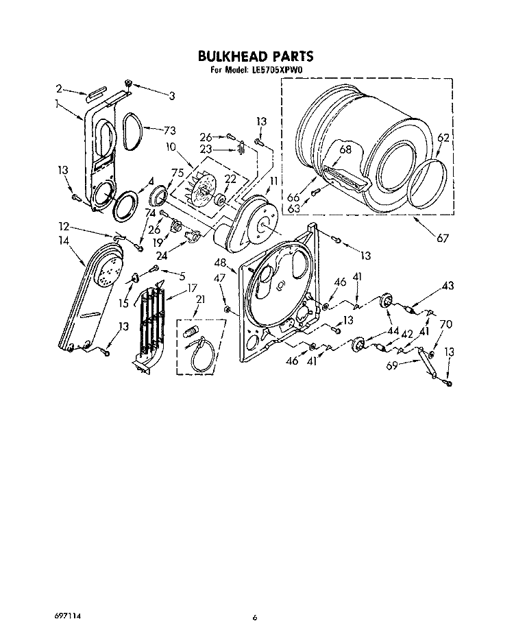 BULKHEAD Diagram and Parts List for LE5705XPW0  Whirlpool Dryer