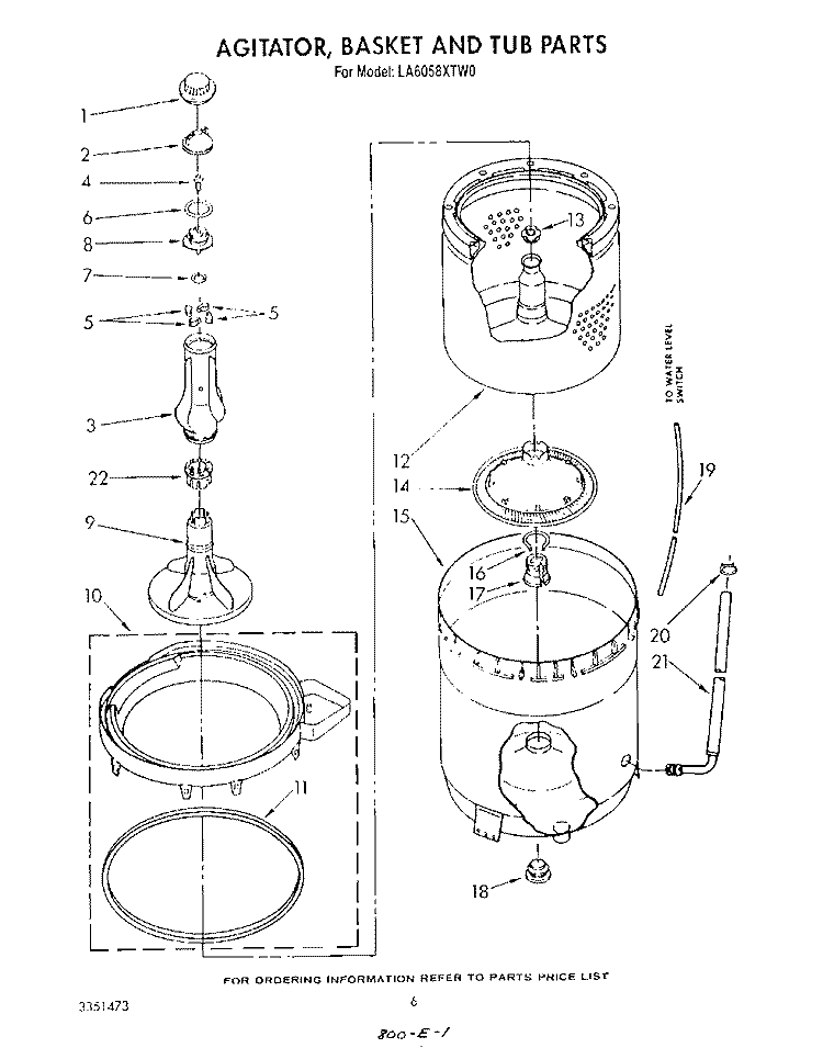 AGITATOR, BASKET AND TUB Diagram and Parts List for LA6058XTM0  Whirlpool Washer