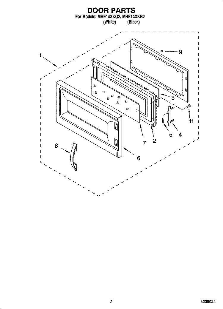DOOR PARTS Diagram and Parts List for MHE14XKQ2  Roper Microwave
