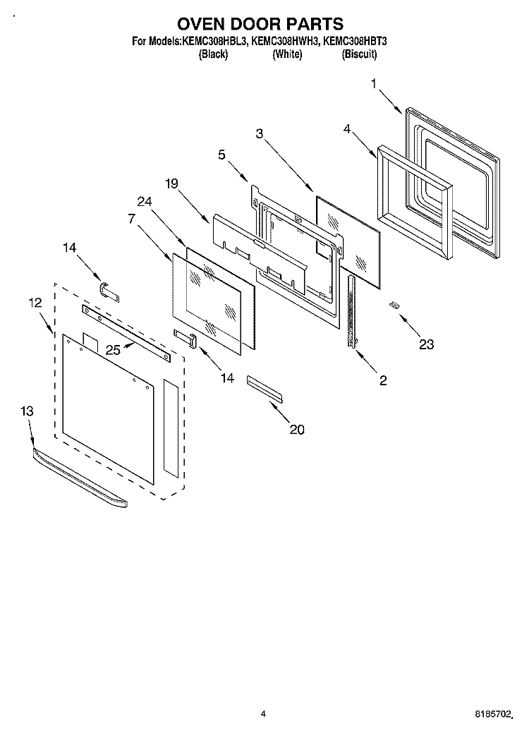 OVEN DOOR Diagram and Parts List for KEMC308HBT3  KitchenAid Microwave Oven Combo