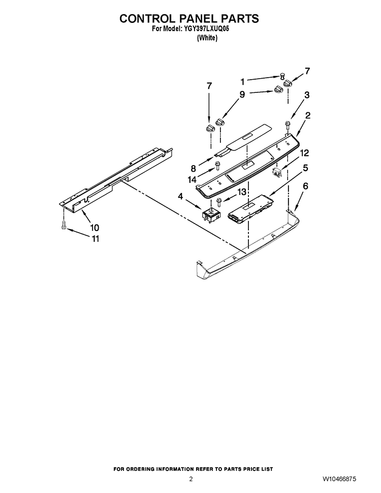 CONTROL PANEL PARTS Diagram and Parts List for YGY397LXUQ05  Whirlpool Range