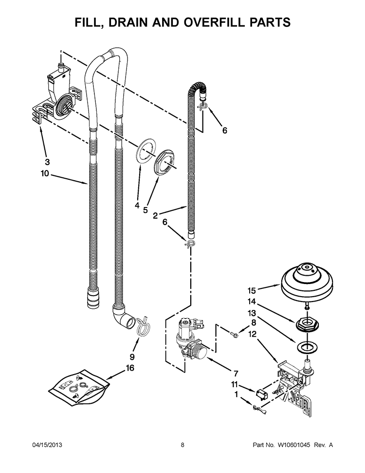 FILL, DRAIN AND OVERFILL PARTS Diagram and Parts List for WDF775SAYW2  Whirlpool Dishwasher