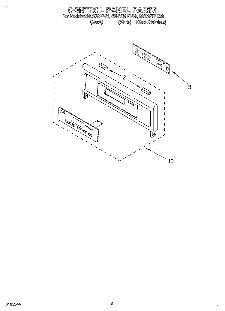 CONTROL PANEL Diagram and Parts List for GMC275PDQ3  Whirlpool Microwave Oven Combo