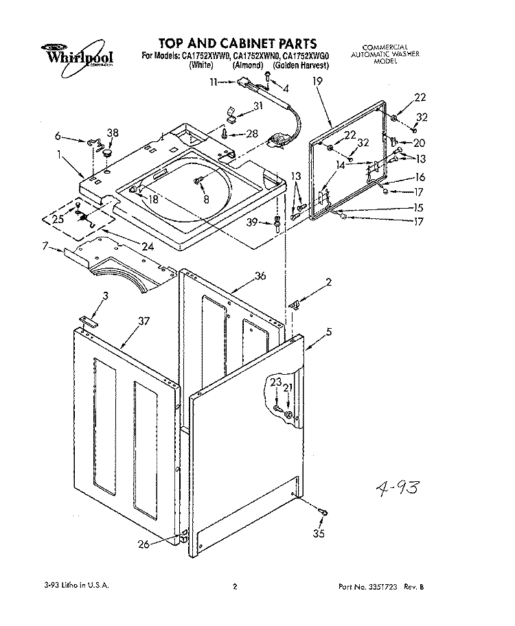 TOP AND CABINET, LIT/OPTIONAL Diagram and Parts List for CA1752XWN0  Whirlpool Washer